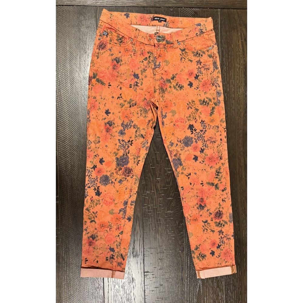 Dear John Floral Print Jeans Orange Charcoal Grey Skinny Ankle Denim Pants 27